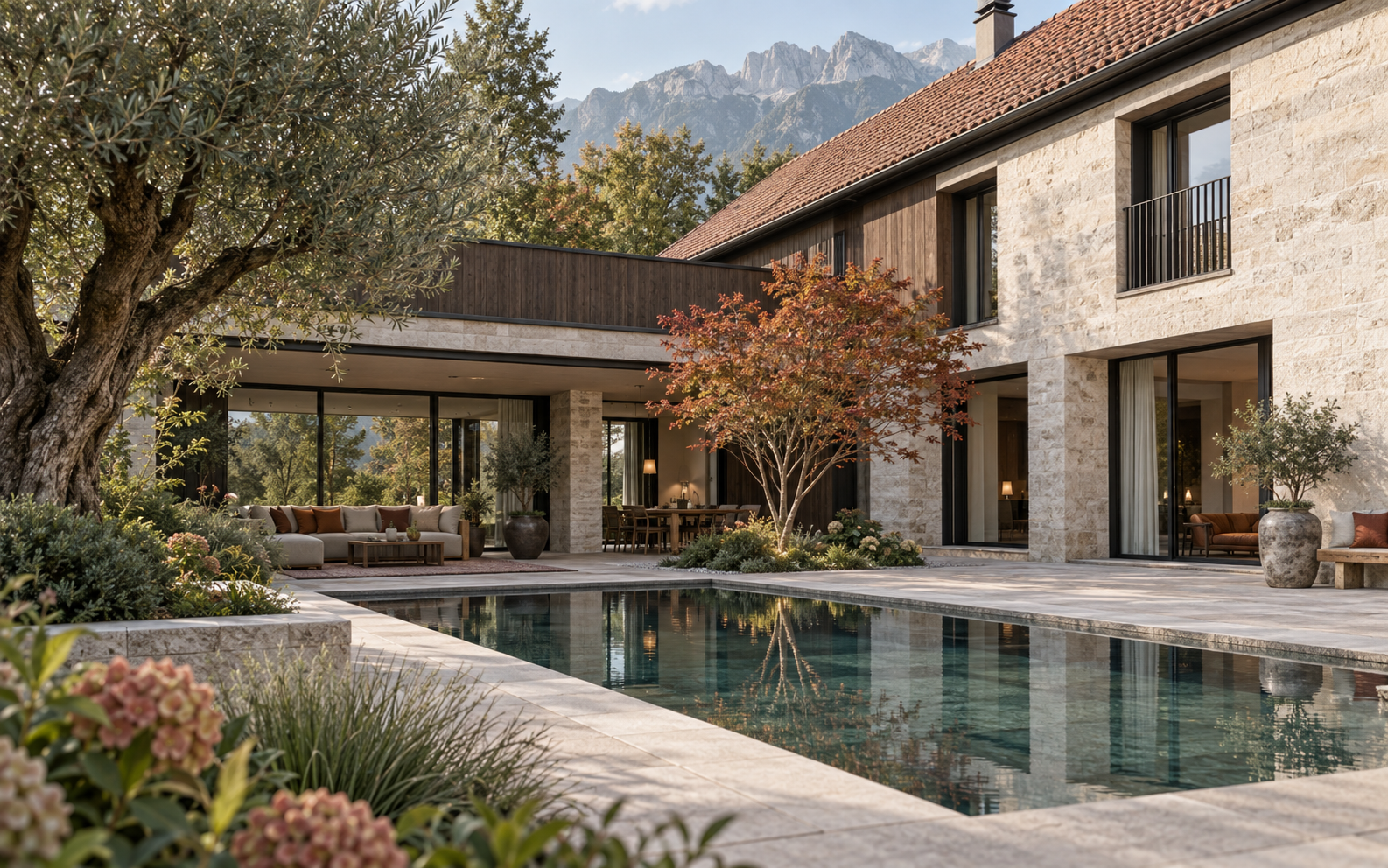 Helle Residenz aus Naturstein und Holz mit Innenhof und Garten