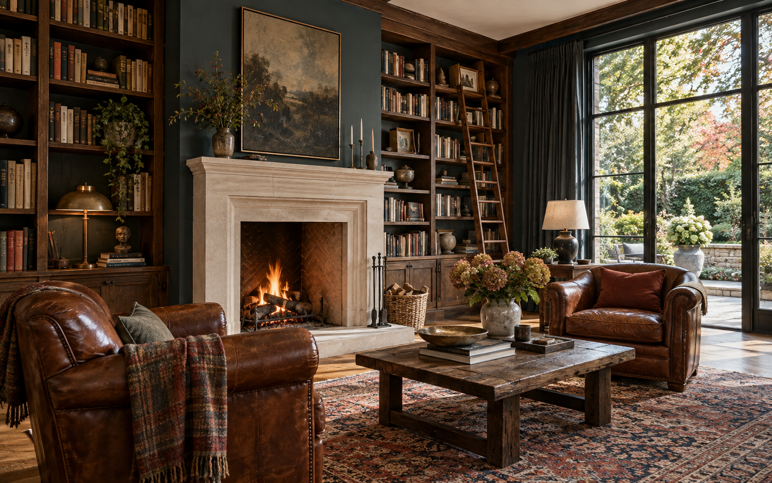 Wohnbibliothek mit Kamin, Naturstein und großen Fenstern